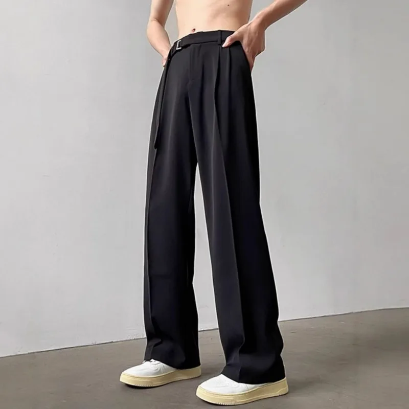 KIDWHXR Man Suit Trousers Retro Thin Breathable Belt High Waist Male Straight-leg Pant Loose Pleated Business Casual Men Pants