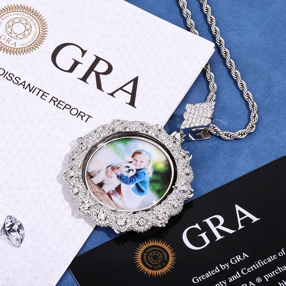

NUOYA New S925 Silver Moissanite Thorn Rotating Round Pendant Double sided DIY Photo Medal High quality Jewelry Festival Gift