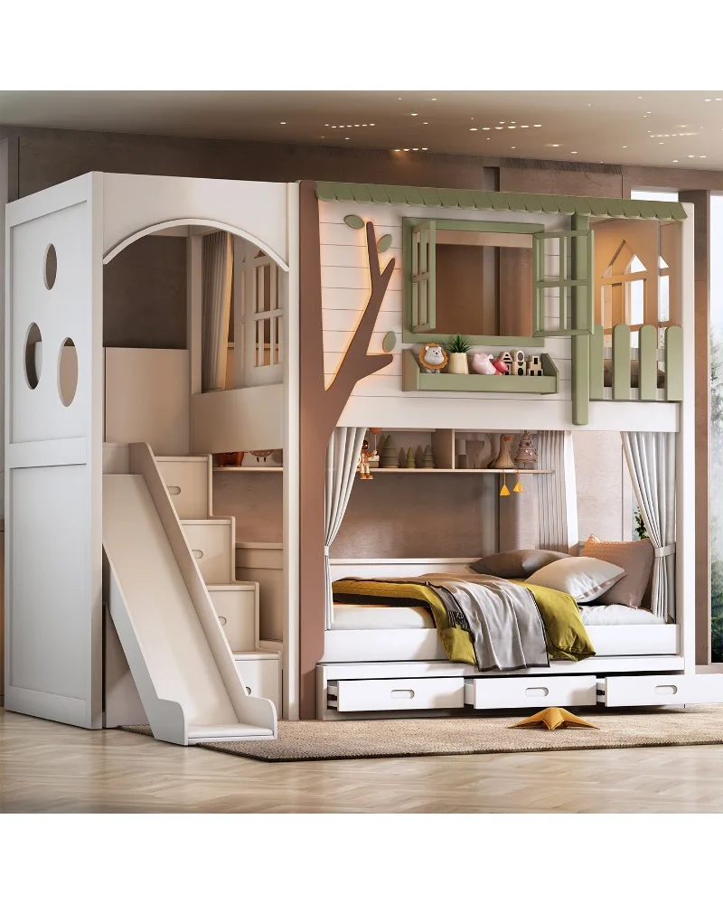 Solid Wood Tree House Style Bunk Bed Twin Over Twin Design Creative Teen Loft Small Apartment Space Saving Multi-Functional Furn