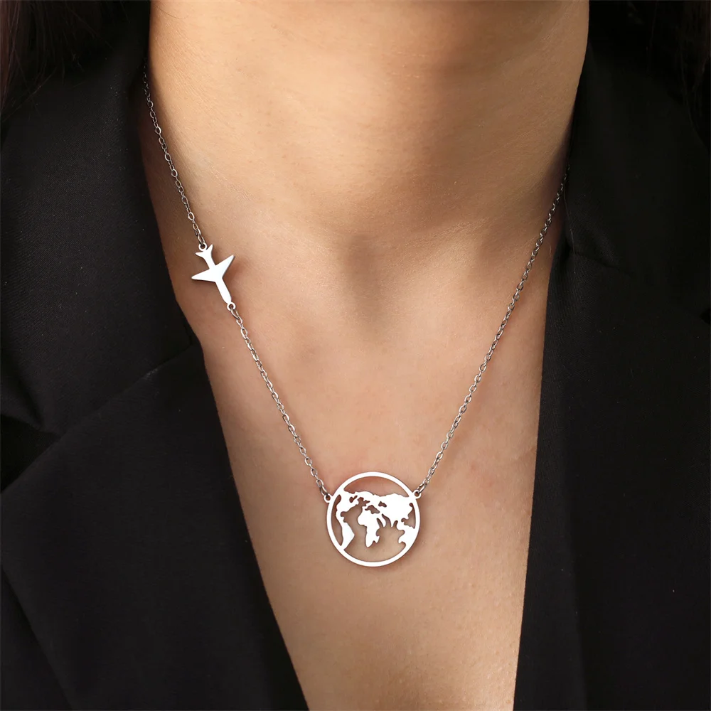 My Shape Aircraft World Map Pendant Necklaces for Women Men Hollow Map Airplane Stainless Steel Chain Choker Jewelry Travel Gift view 3