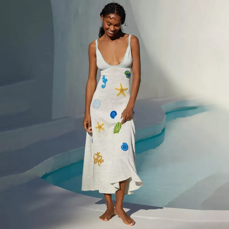 

Women Summer Sleeveless Starfish Embroidery Print Contrast Color Deep V-Neck Backless A-line Knitwear Cami Long Dress 2025