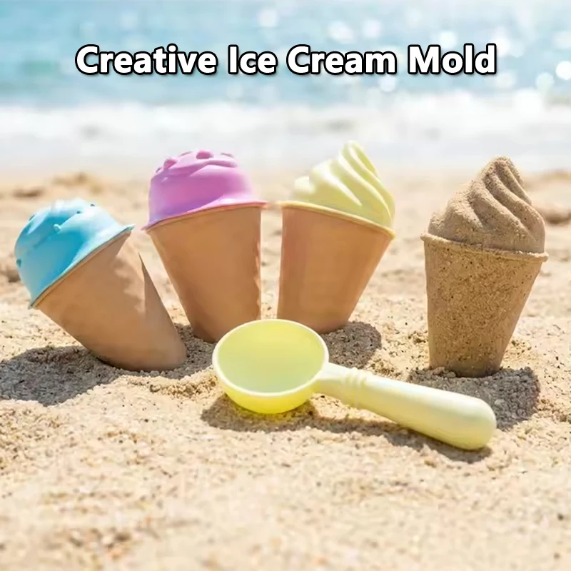 Summer Beach Ice Cream Sand Molds Kit, Children Pretend Ice Cream Cone Shaping Toys with Sand Scoop, Sand Play Toy for Kids