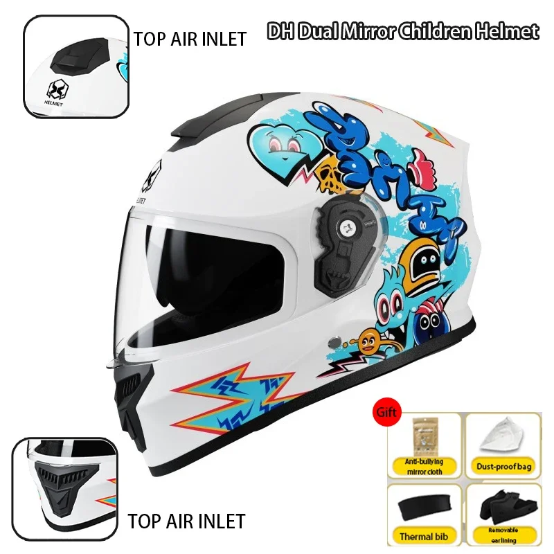 Casco integrale ribaltabile per moto per bambini Cartoon per ragazzi e ragazze Casco di sicurezza per corse di motociclette elettriche con doppia visiera in materiale PP