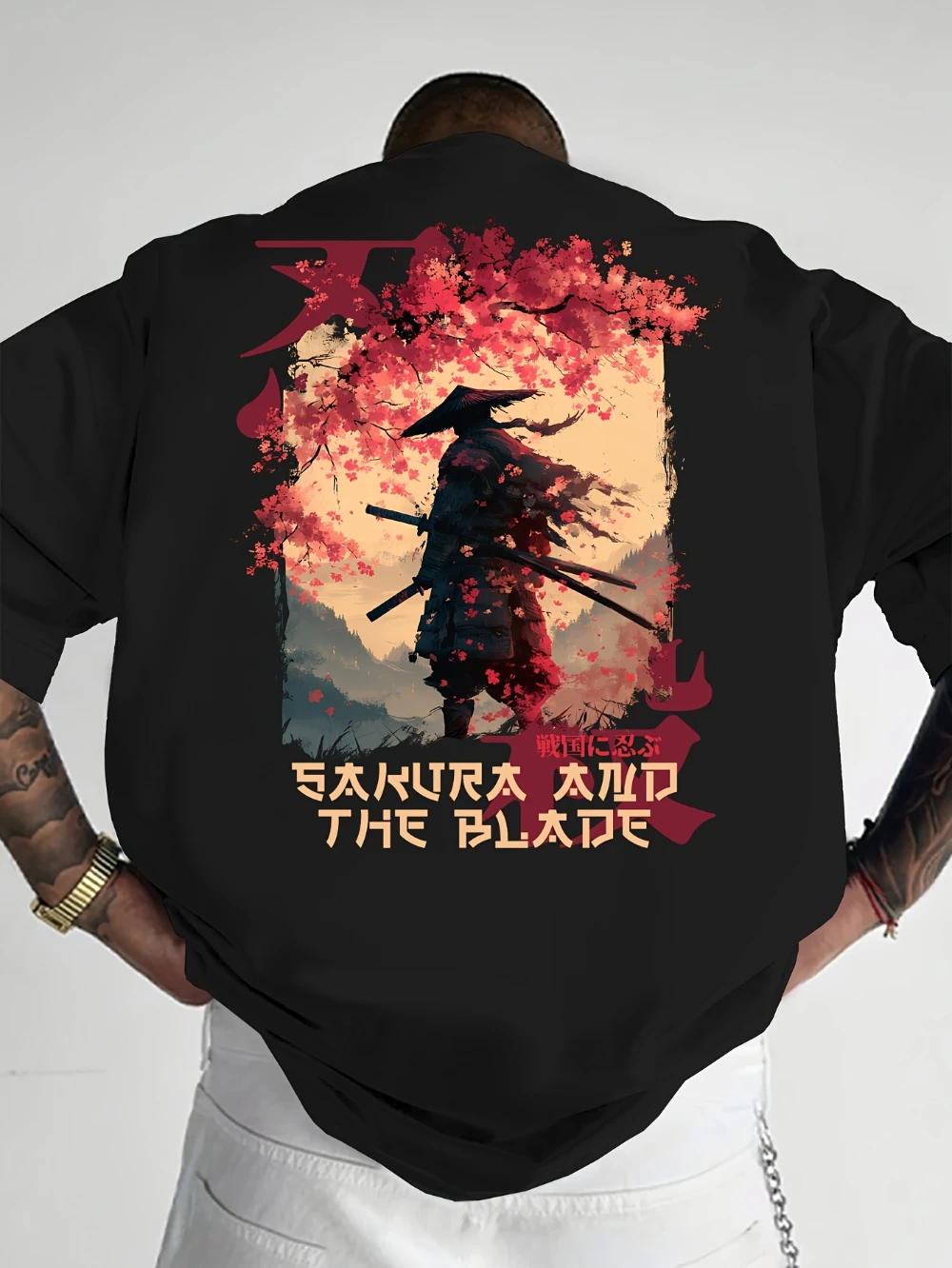 Japanese-Style Trendy T-Shirt with Print of A Ronin Samurai Under Cherry Blossoms in Kimono with Bamboo Rayon Rayon Hat