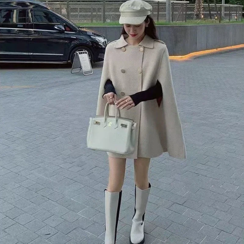 Schicker 2025, Damen-Wollmantel, britischer Cape-Silhouette-Schal, Wickeltuch, eleganter Multiway-koreanischer Stil für Herbst- und Winter-Outfits