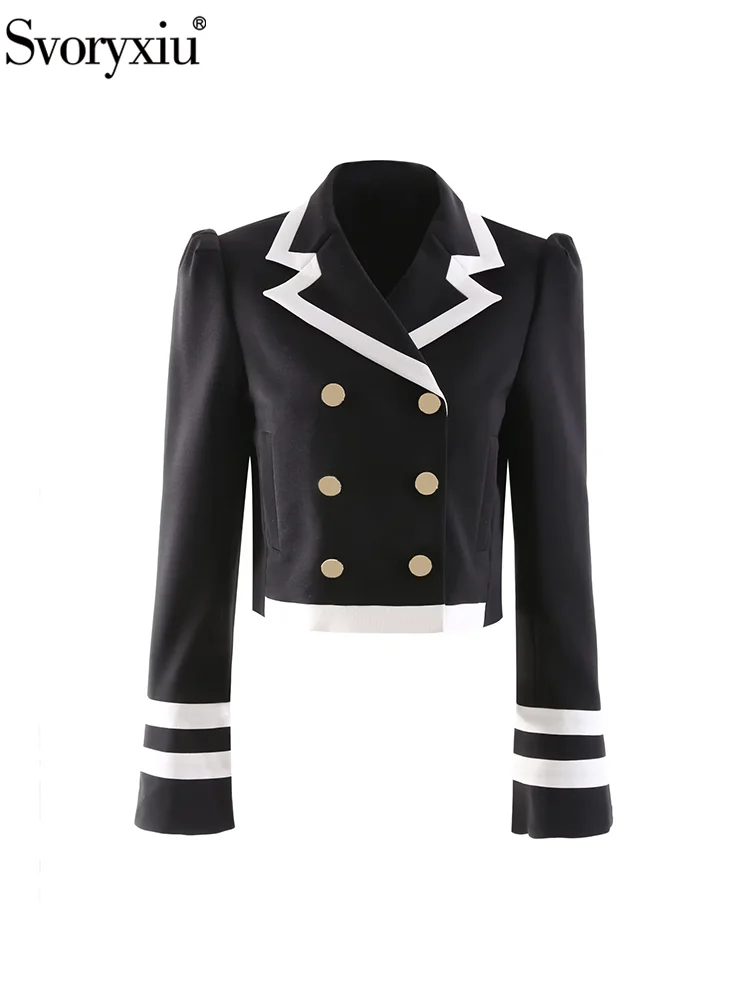 Svoryxiu Fashion Runway Autumn Black Short Style Jacket Women's Striped Turn-down Collar Straight Barrel Long Sleeve Slim Jacket