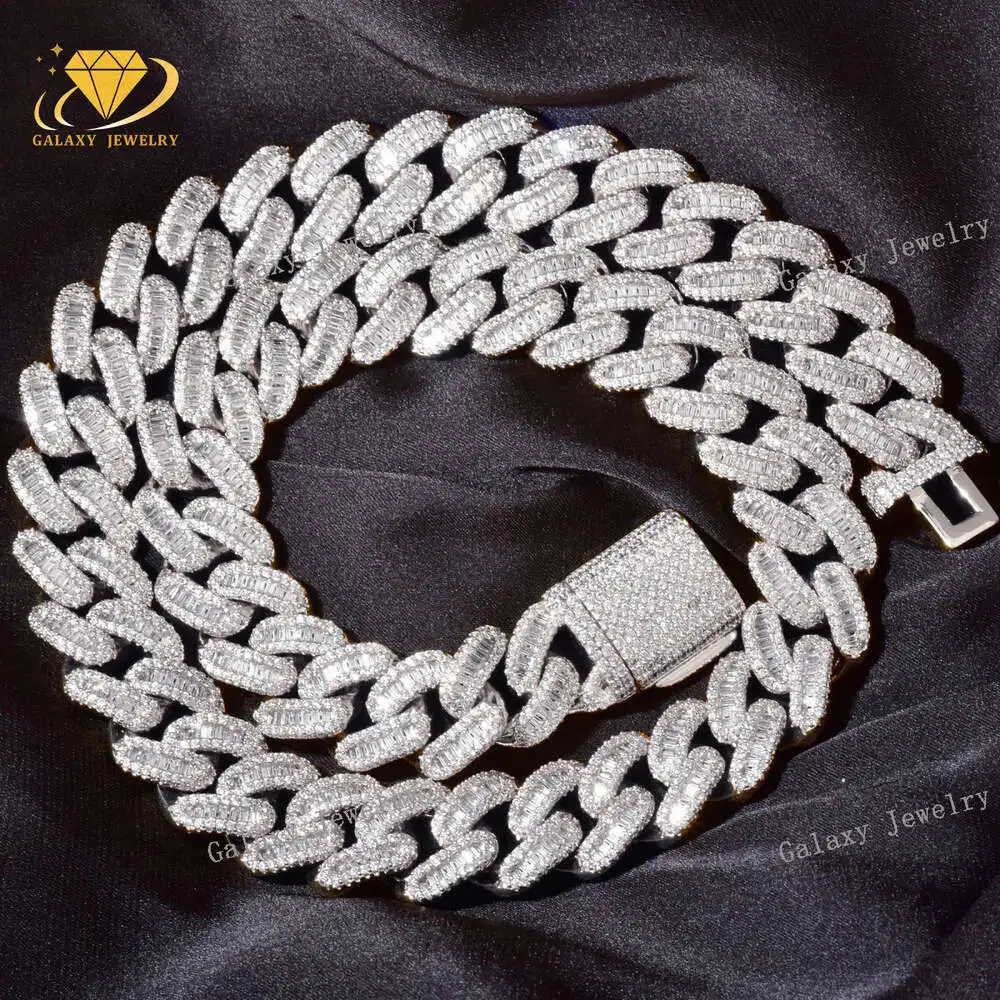 Hiphop Necklaces 40mm Width Baguette Cuban Link Chain Prong Large Necklace Bracelet Moissanite Cuban Chain Rapper Men Jewelry