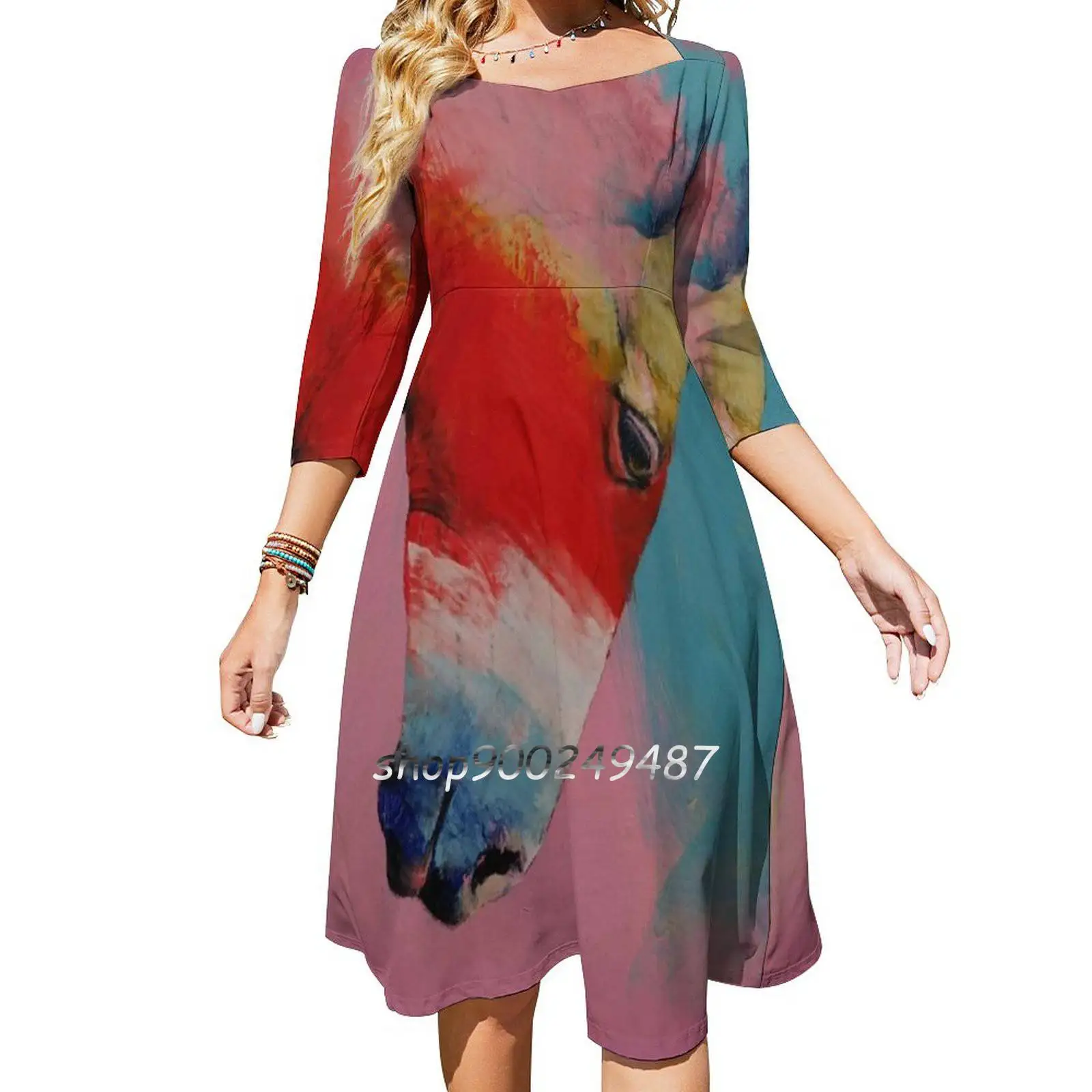 Horse Women Spring Autumn Long Sleeve Dress Female Casual Dress Red Big Large Abstract Pink Blue White Stallion Stallions Etalon