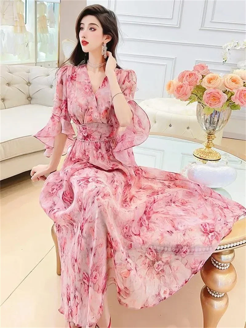 Sweet and Elegant Fragmented Flower Dress 2024 Summer New Women\'s Slim Fit and Skinny Lotus Leaf Sleeves Over Knee Long Dress S9