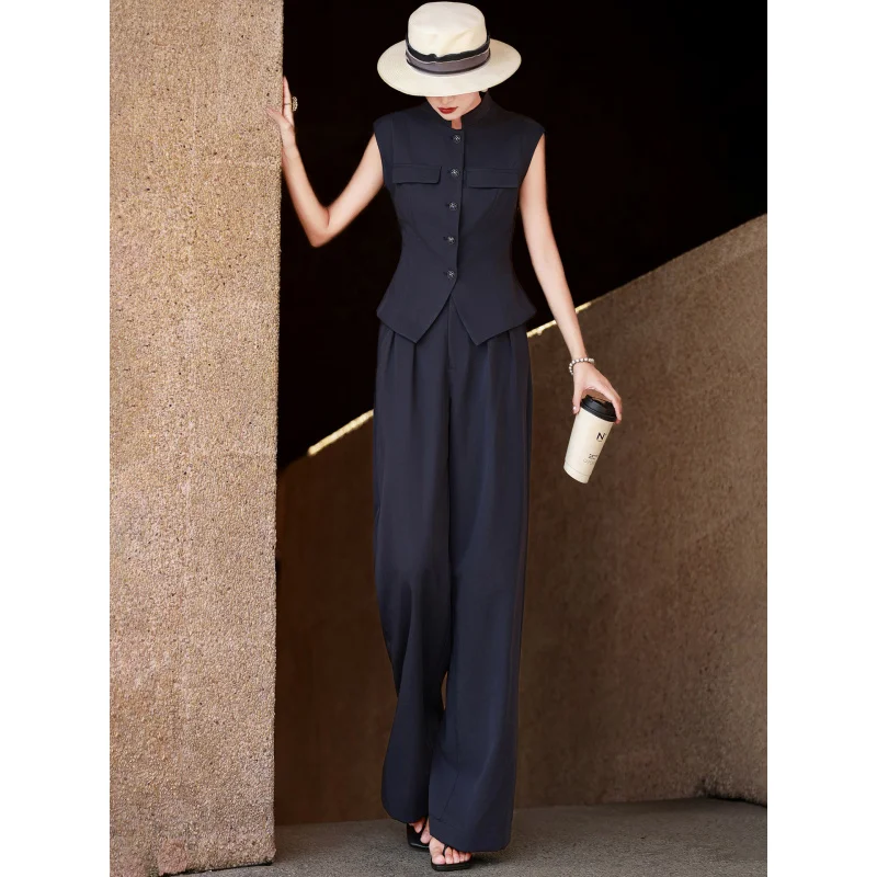 MEXCOCO 2026 Summer New Commuter Two Piece Outfit Stand Collar Sleeveless Button Vest High Waist Wide Leg Pants Suit