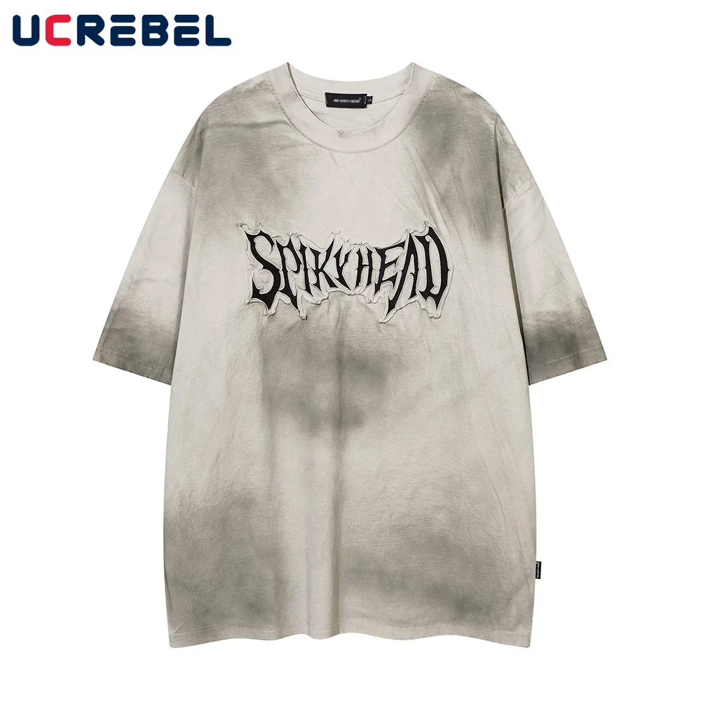 Patch Embroidery Short Sleeve T-shirt Mens High Street Letter Spray Paint Loose Crew Neck Half-Sleeve Cotton Tee Men