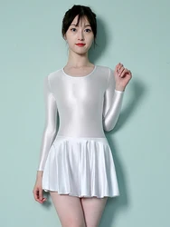 satin smooth glossy dress oily long sleeve crotch sports swimming Yoga Skirt Ballet Skirt long sleeve party skirt leotard