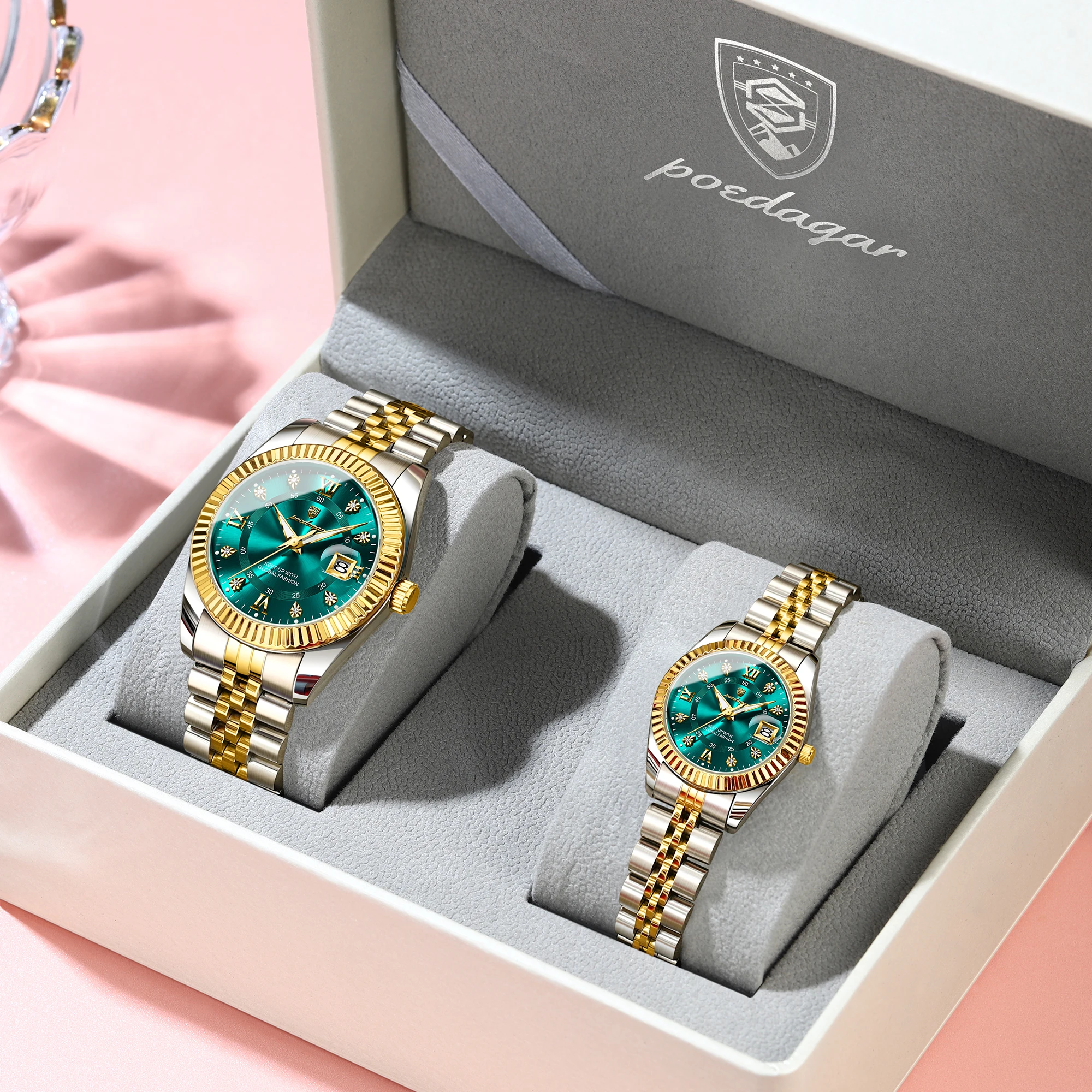 POEDAGAR Casual Couple's Watches Luminous Date Watches For Couple Quartz Stainless Steel Fashion Couple Watch Love Gift Set+Box