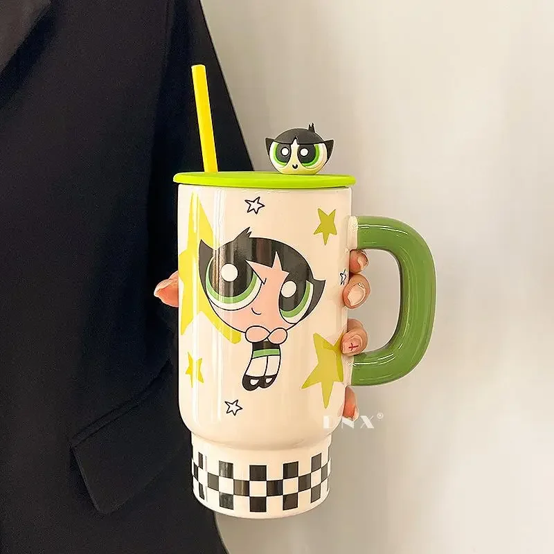 كوب سيراميك لموسم الفتيات من كارتون ذا باوربف كوب لطيف ذو سعة كبيرة للاستخدام المكتبي والمنزلي مع غطاء وكوب ماء من القش هدية #4