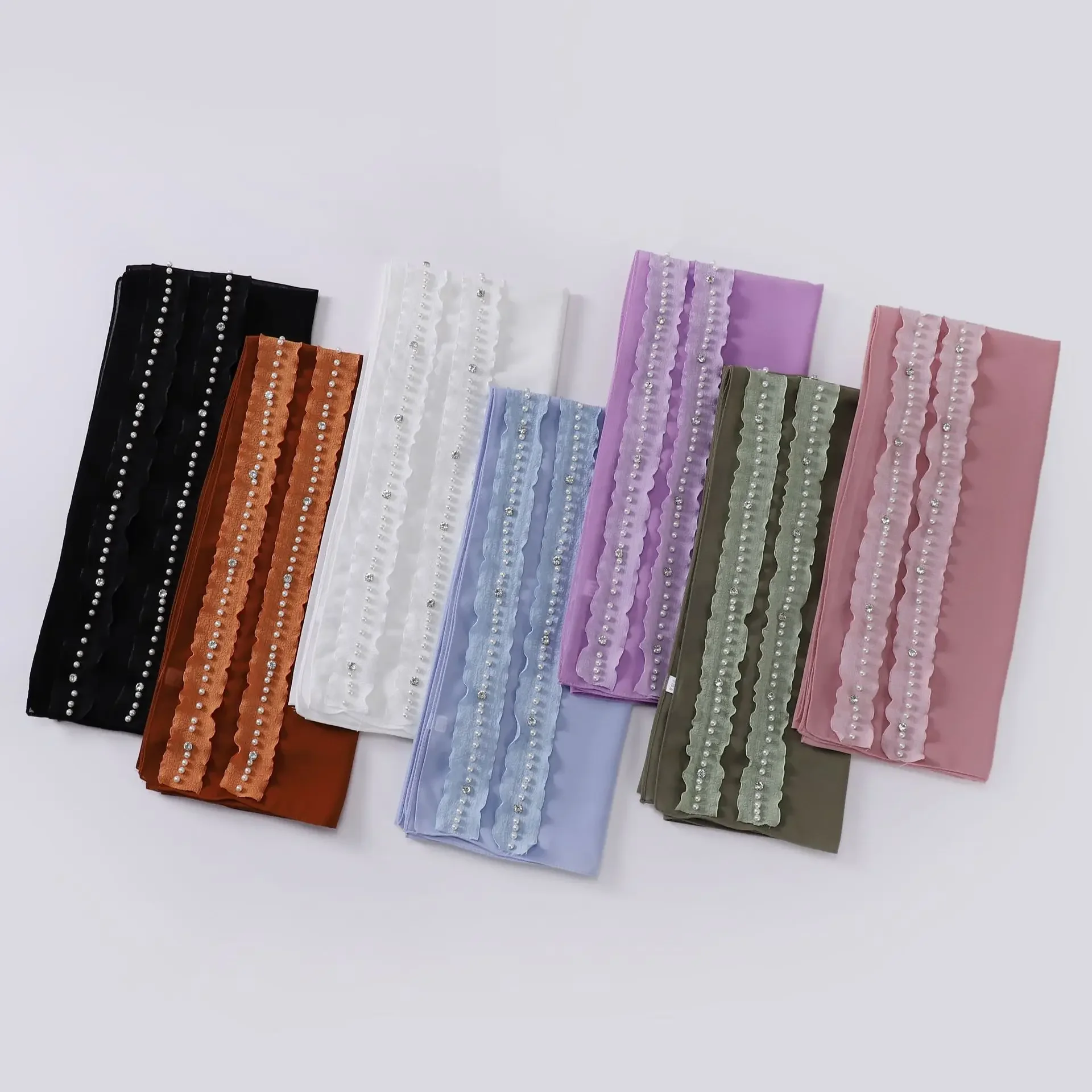 高級ビーズパールシフォンヘッドスカーフ、無地ソフトロングムスリムスカーフ、女性用ヒジャブ、ムスリム女性用ショール＆ラップ、スカーフ、新品