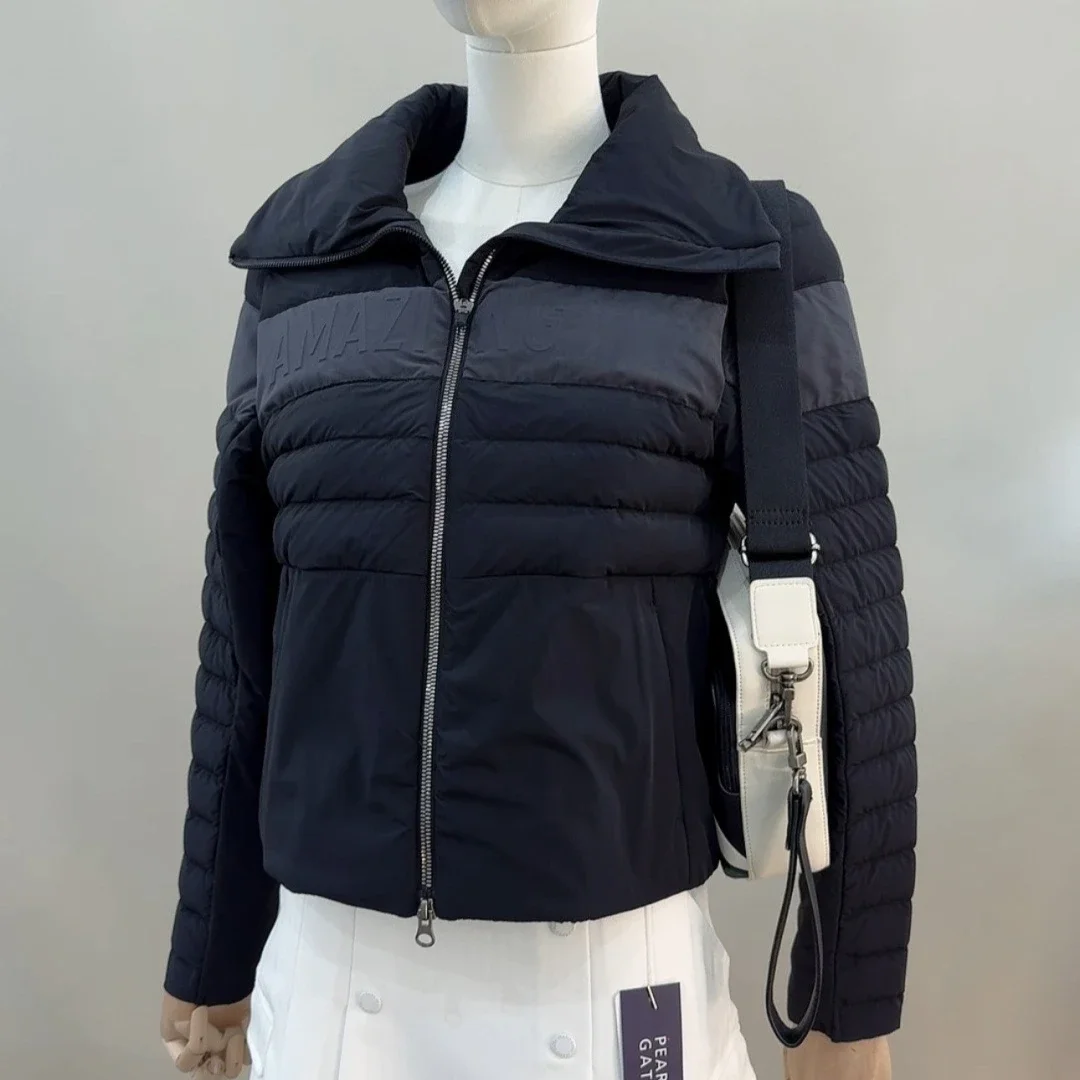 Women's Golf Down Jacket 2026 New Korean Style Goose Fill Colorblock Zip-Up Lapel Business Windproof Warm Soft Casual Daily Chic