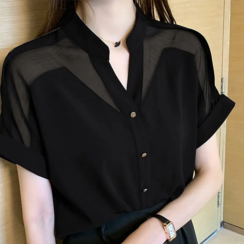 Casual Solid Color Commute Shirt Female Clothing Sheer Spliced Summer Fashion Single-breasted Elegant V-Neck Chiffon Blouse 2023