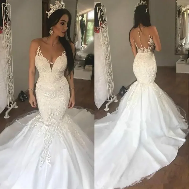 Sereia árabe Lace Apliques Vestidos De Noiva, Vestido De Noiva De Dubai, Longo Trem Robe Sem Costas, Pescoço Completo