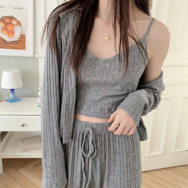 Sexy Stripes Cotton Three-Piece Pajamas Suit Women Spring and Autumn Long Sleeve Sling Trousers with Chest Pad Home Clothes