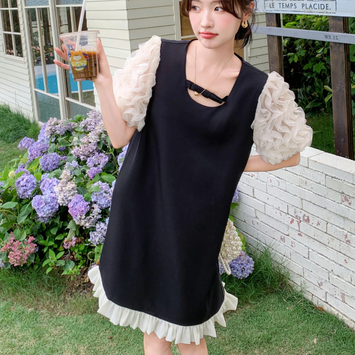 

Women's New French Black Splicing Style Dress Summer New Collection Korean Retro Gentle Sweet Lace Edge Design Princess Dresses
