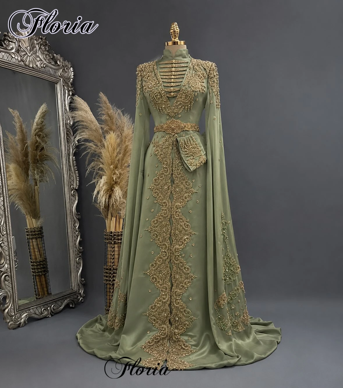 Middle East Sage Green Evening Dresses With Gold Appliques High Neck Turkey Coutures Party Dresses Robes De Soirée Customized