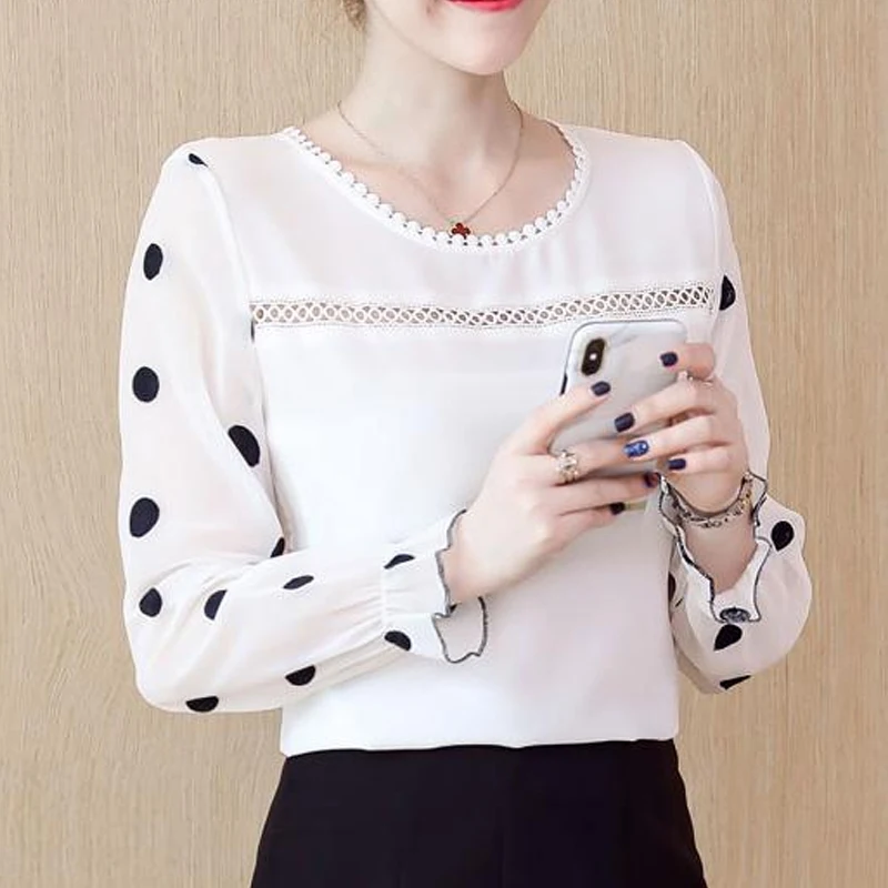 Women\'s Long Sleeve Chiffon Blouse, Hollow Out Tops, O-Neck, Black Dot, White, Sweet Clothing, Fashion, 2024 New, D383