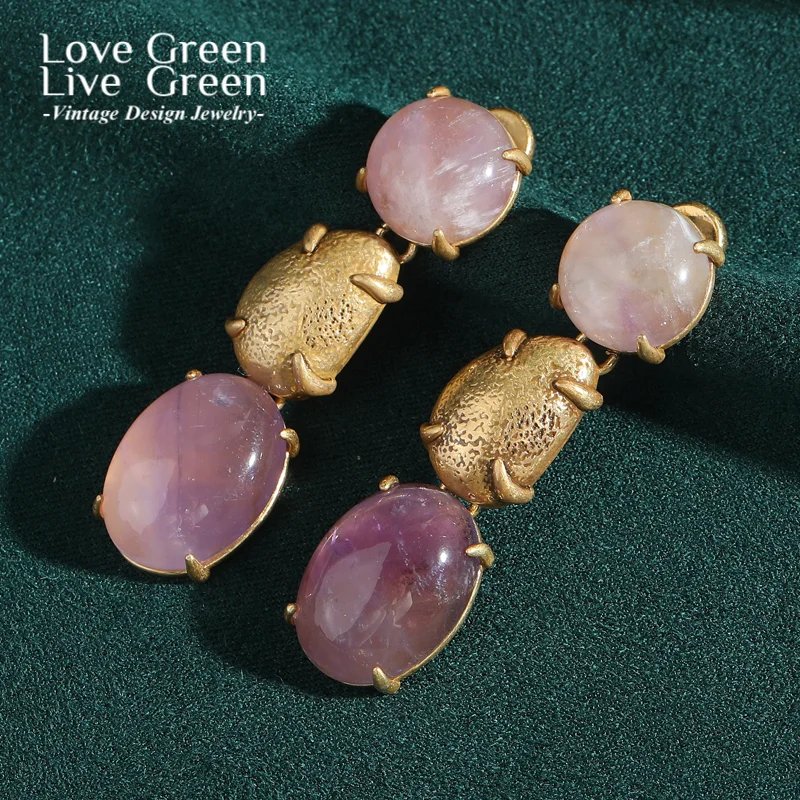 

Vintage Grape Purple Earrings Glass Cat Eye Stone For Woman Luxury Designer Jewelry Antique Gold Color Valentine Day Gift 2025