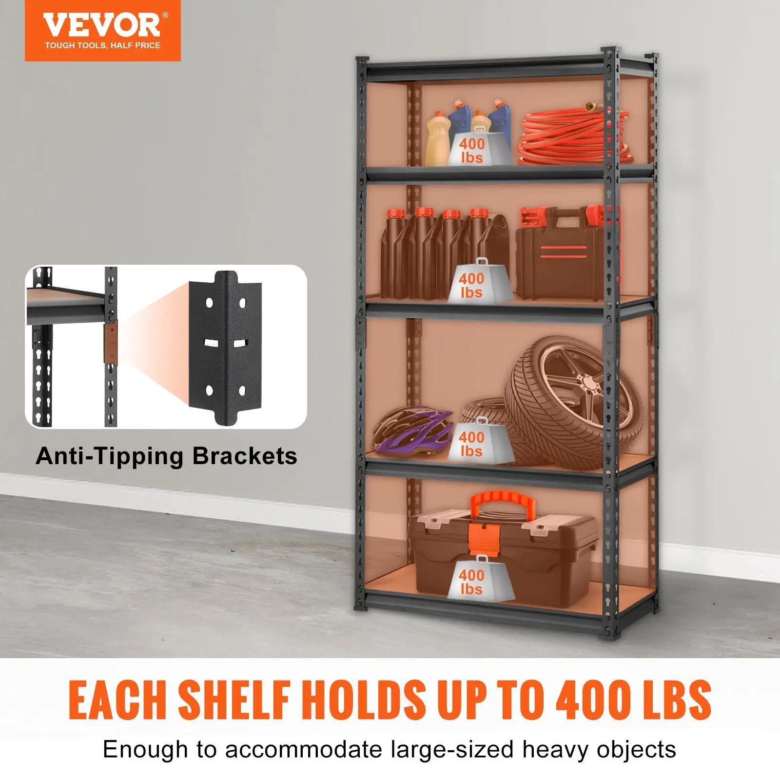 VEVOR Storage Shelving Unit, 5-Tier Adjustable, 2000 lbs Capacity, Heavy Duty Garage Shelves Metal Organizer Utility Rack, Black