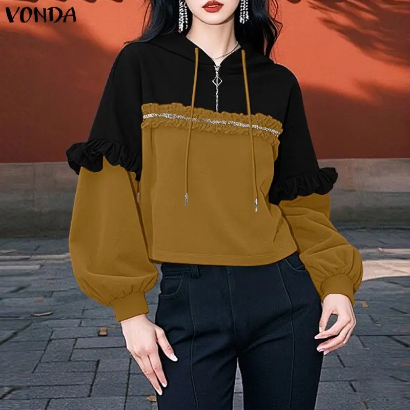 

Модные женские толстовки VONDA: повседневные худи с длинным рукавом, цветными вставками, капюшоном и молнией, свободного кроя, модель 2026 года