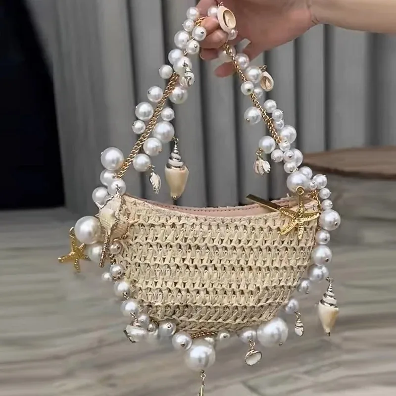 

Cute Bohemian Pearls Straw Bag Hand-Woven Conch Starfish Handbags Half Moon Shoulder Bags Rattan Seaside Travel Underarm Pouch