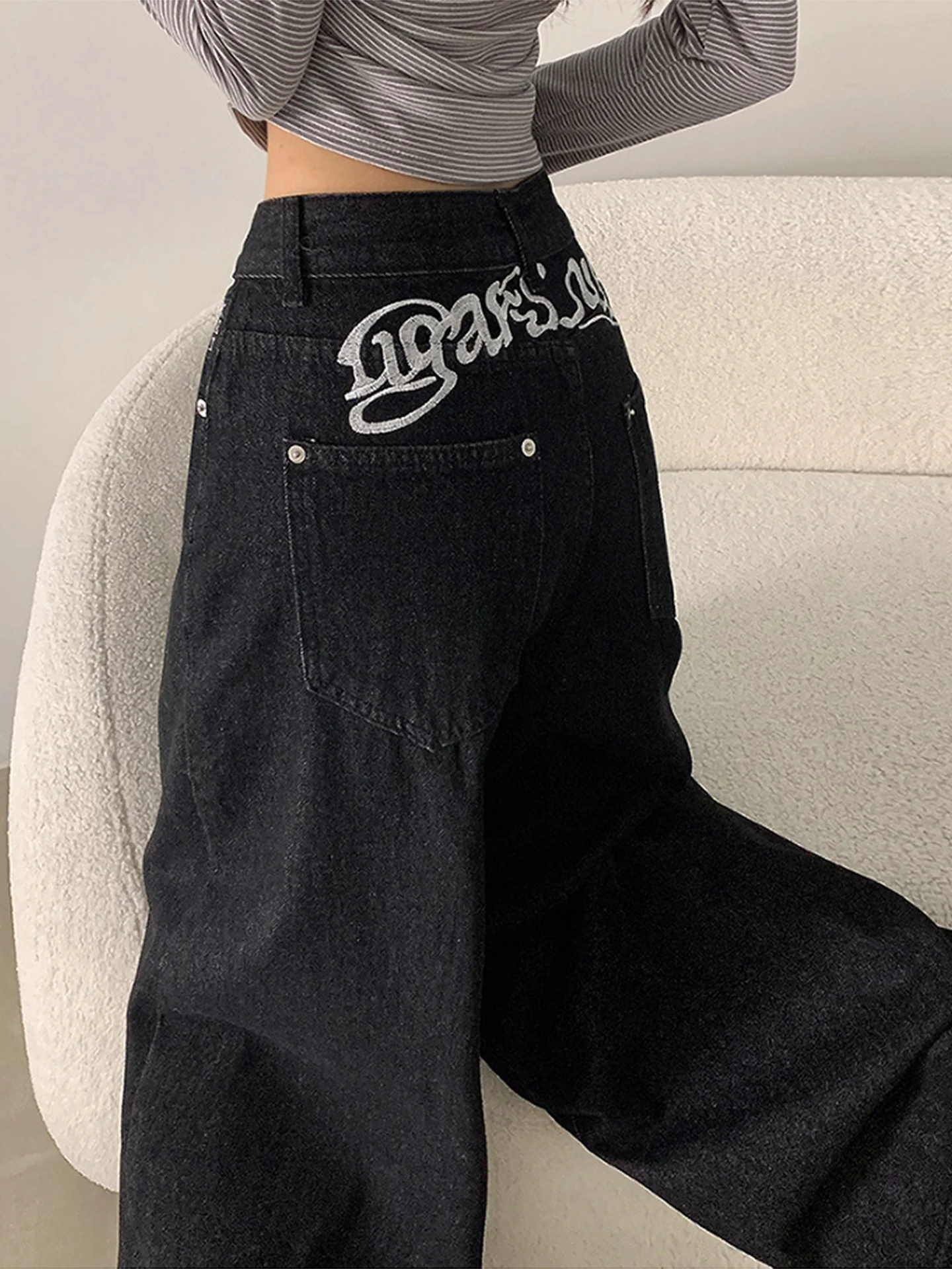 

Double ket Embroidered Floral Pattern Loose Fit Bla Wide Leg Jeans Women's Autumn Winter New Sle High Waist Denim Pants