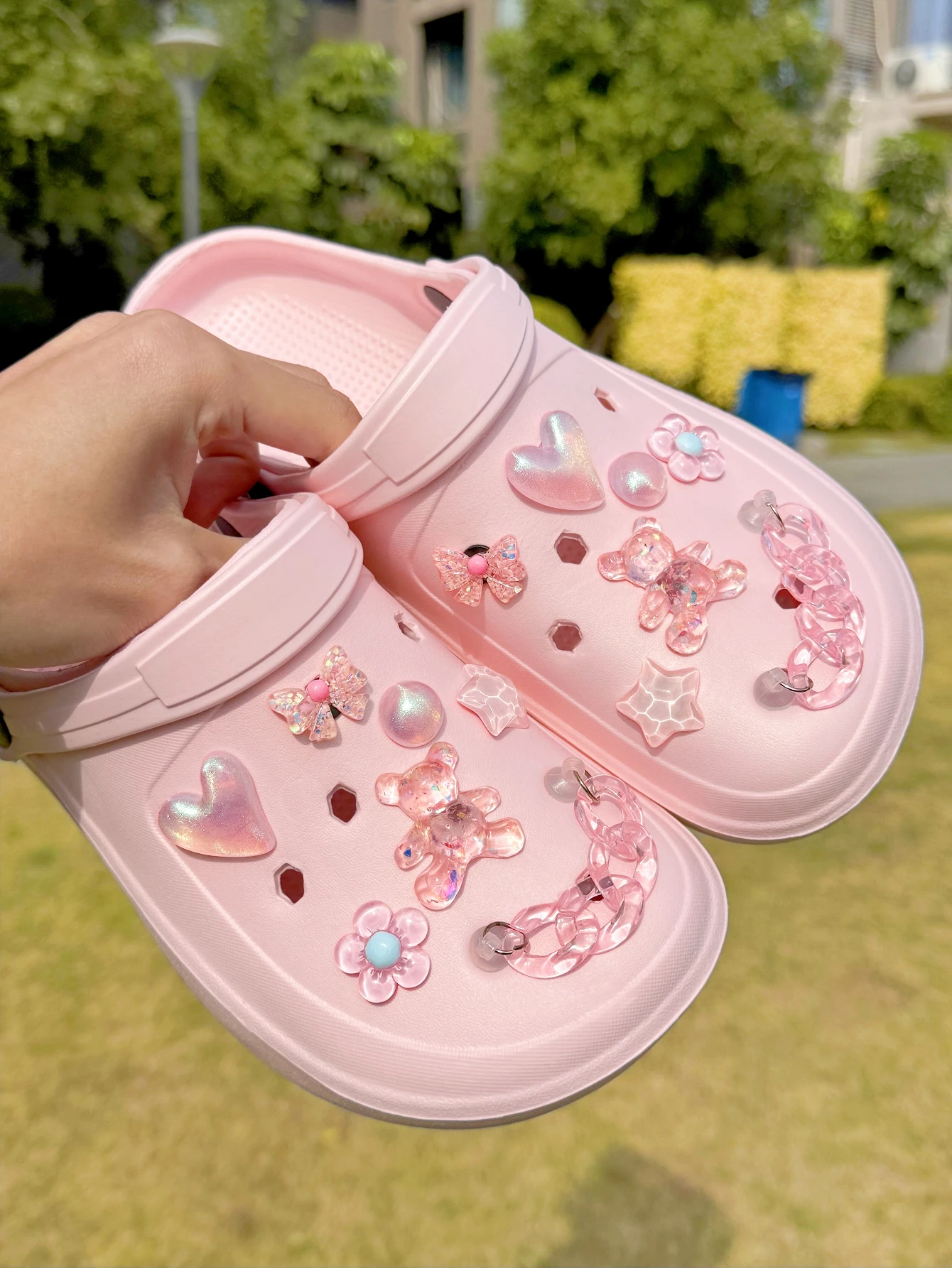 14 Uds. Rosa (oso, corazón, flor, estrella, lazo, cadena) lindos zapatos de cocodrilo, accesorios para zapatos, accesorios para zapatos DIY extraíbles