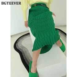 BGTEEVER Elegant High Waist Wrapped Knitted Skirts Women Pencil Skirt Women Slim Fit Zipper Mid-Calf Skirt Office Lady