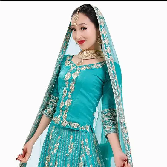 Women's Indian Dance Costumes Embroidered Lengha Stage Green Suit