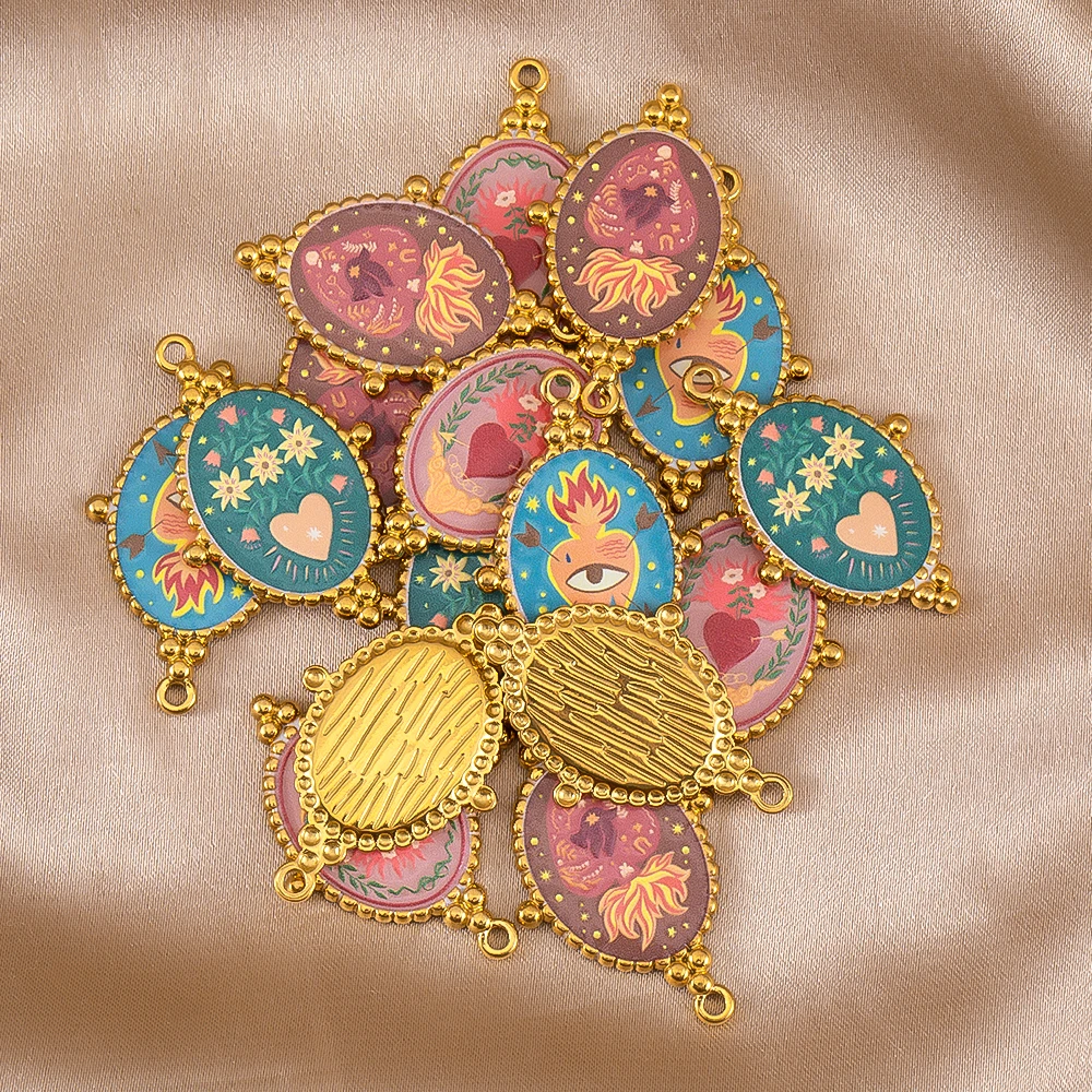 2pcs Stainless Steel Gold Plated Enamel Heart Printed Pendants Eye Charms For DIY Jewelry Making Necklace Accessories Wholesale
