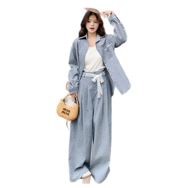 SuperAen kanten patchwork zakoverhemd voor dames 2025, lente en herfst, nieuwe Koreaanse stijl, mode, casual, lange broeksets met wijde pijpen