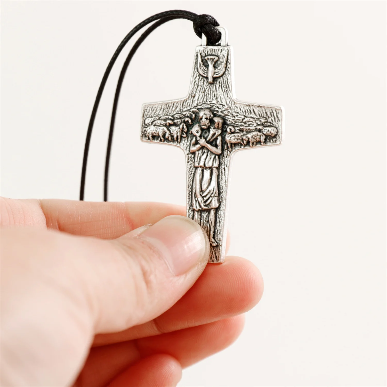 Mens Cross Necklaces 1.97 Inch The Good Shepherd Pope Francis Papal Pendant with Rope Religious made in Italy