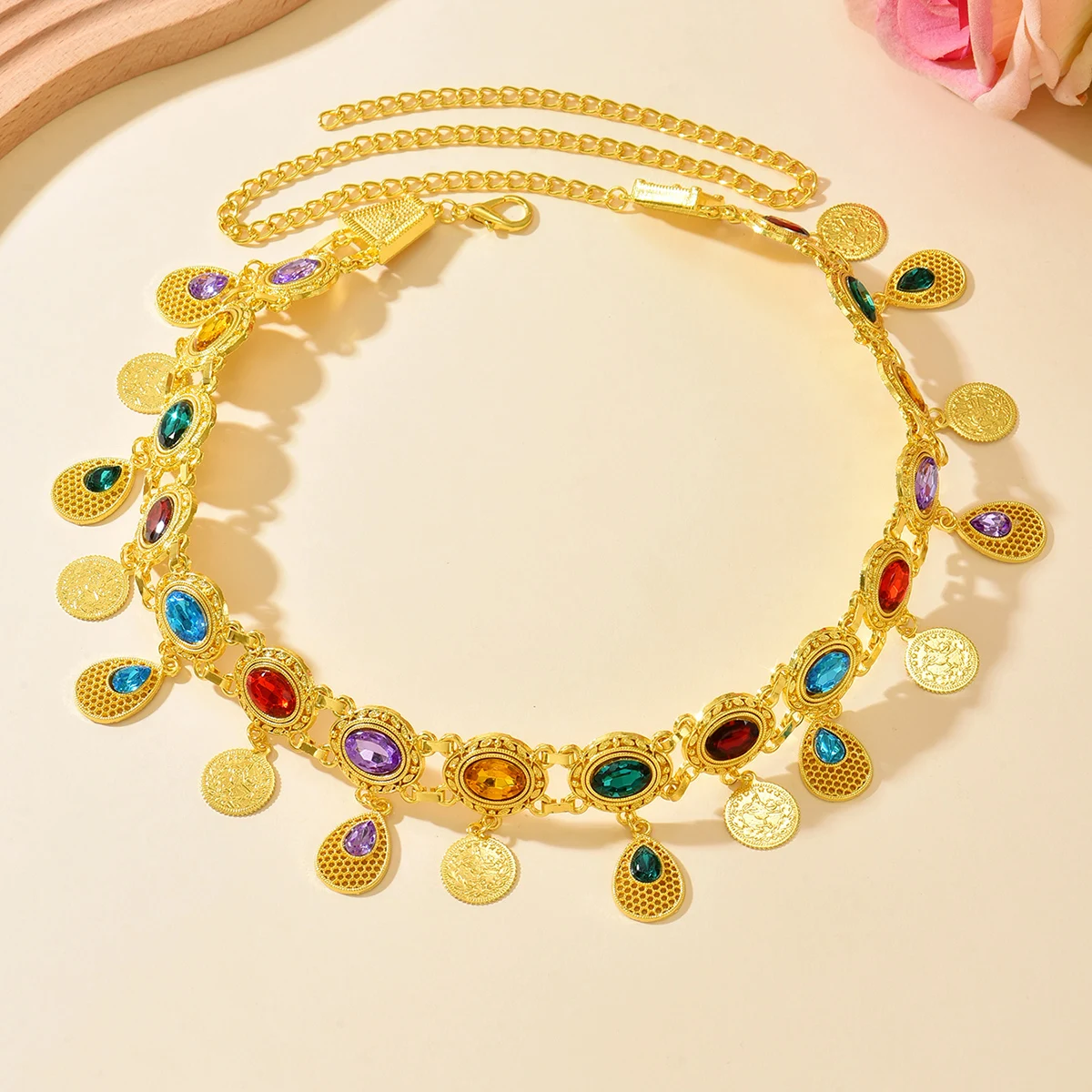Retro Multi-Colored Rhinestone Linked Waistband Hollow Design Filigree Coin Tassel Belt for Women Ethnic Wedding Dress