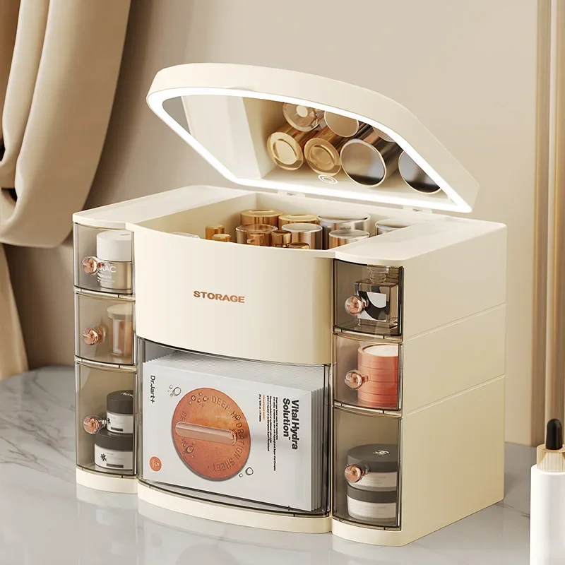 

Cosmetics storage box with mirror dustproof large capacity lipstick skin care product storage rack