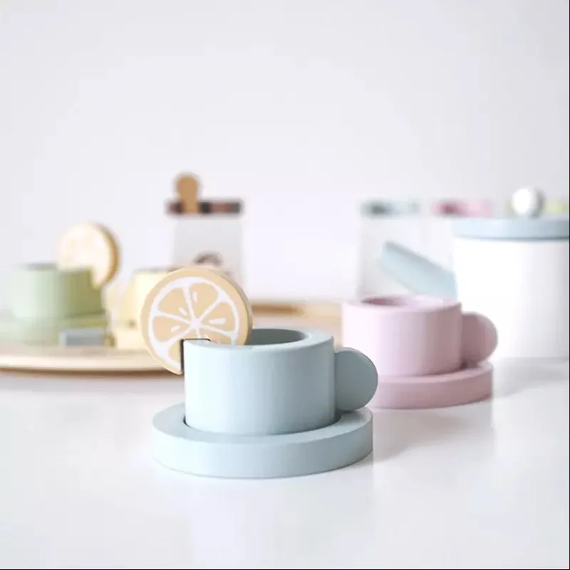 Set Children Play House Imitation Tea Teapot Kitchen Set Afternoon Tea Dessert Ice Cream Cake Wooden Toy Play House Toy Gift