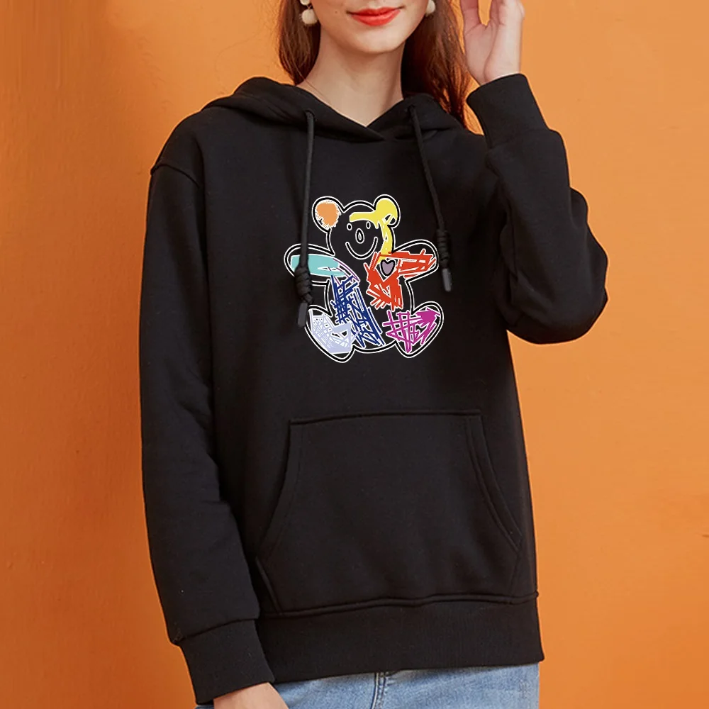 2022 hoodie moda feminina de manga comprida bonito urso imprimir topo solto bolso moletom meninas roupas wear pulôver esportes hoodies