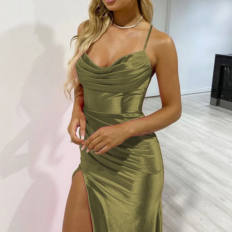 Spring And Summer Women\'s Long Skirt Party Club Birthday Evening Dress Solid Color Satin Tube Top Slit Sexy Slim Peach Hip Dress