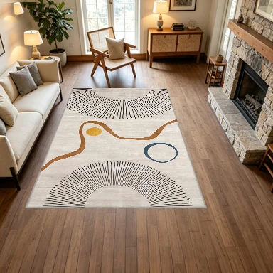 Medieval Modern Abstract Sun Rays Art Square Carpet Non-Slip Floor Mat, Suitable for Living Room Bedroom Home Decoration