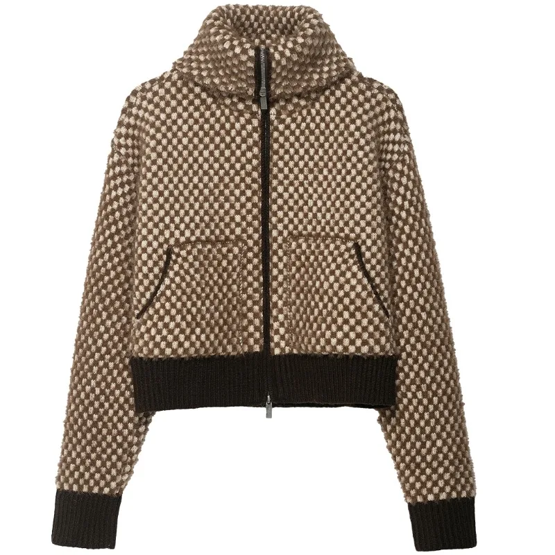 

Tinaa European Turtleneck Knit Jacket Women Autumn Winter 2025 Vintage Spliced Thick Pockets Zipper Soft Warm Coats 195211