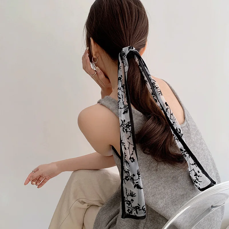 Lystrfac francuska moda koronkowa Retro chusta na głowę kobiety czarnej haftowanej opaska do włosów długa wstążka Hairband Vintage akcesoria do włosów — zdjęcie 3