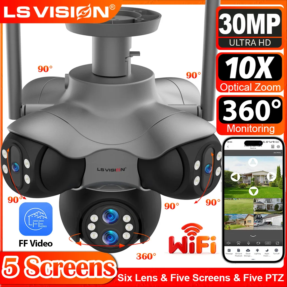 

LS VISION 30MP WiFi Security Camera 10X Optical ZOOM Five Screen IP Camera PTZ Outdoor Surveillance Cameras Auto Tracking CCTV
