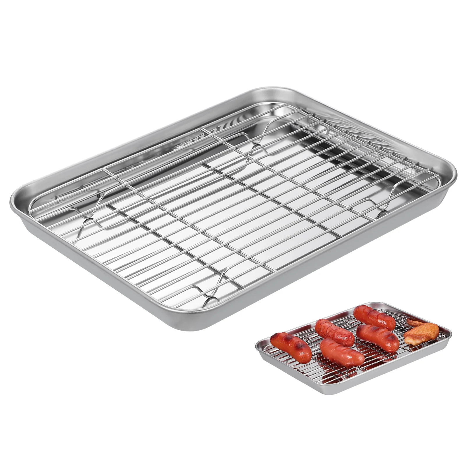 

2 Pieces Stainless Steel Baking Sheet Tray Rectangular Heavy Duty Non-Coated Baking Pan Set Removable Cooling Rack Cookie