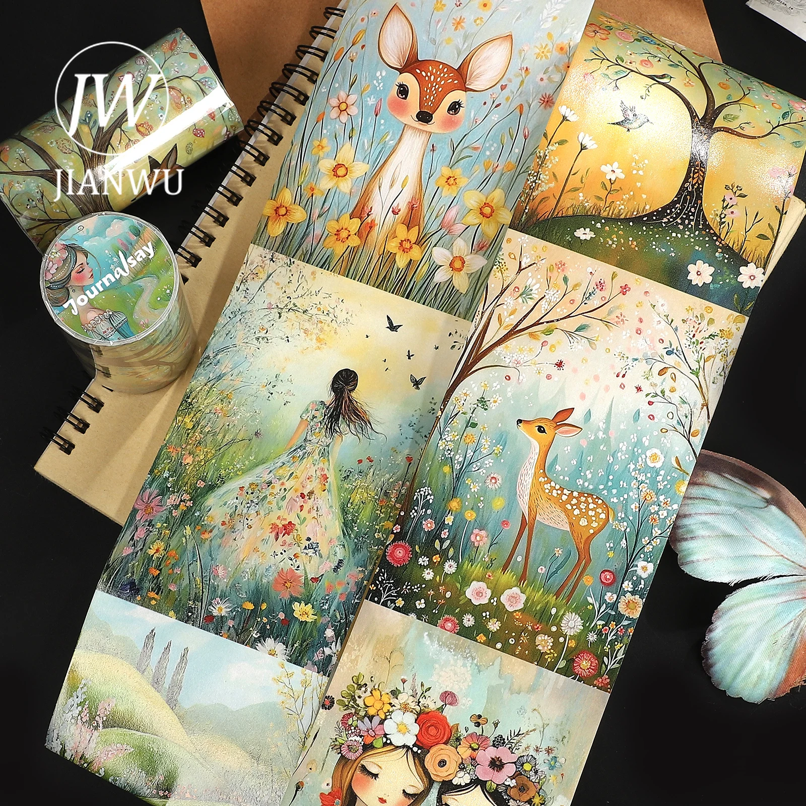 JIANWU 80mm*212cm Vintage Girl Flower Tree Pastoral Landscape Material Collage Scrapbook Washi Tape Creative Journal Stationery
