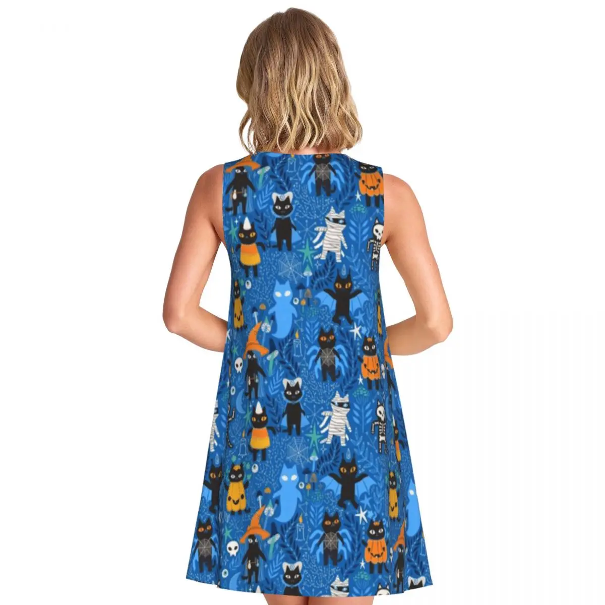 Spooky Halloween Black Cats Women's Sleeveless Korean Style Outing Bridesmaid Dress Japanese Vacation Dress