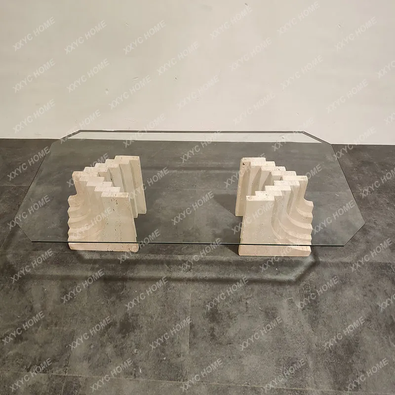 Natural travertine tempered glass coffee table home silent wind model house living room light luxury coffee table
